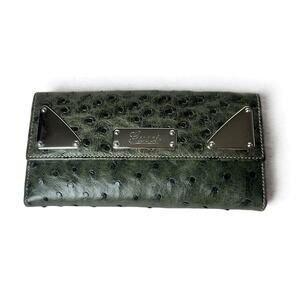 Gucci Grey Ostrich Silver Detail Double Flap Long Wallet 100% Authentic